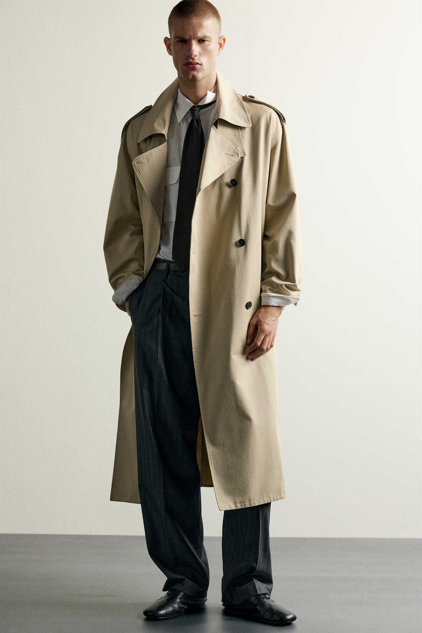 Мужское пальто Zara Relaxed-Fit Trench, цвет: Бежевый — фото 8