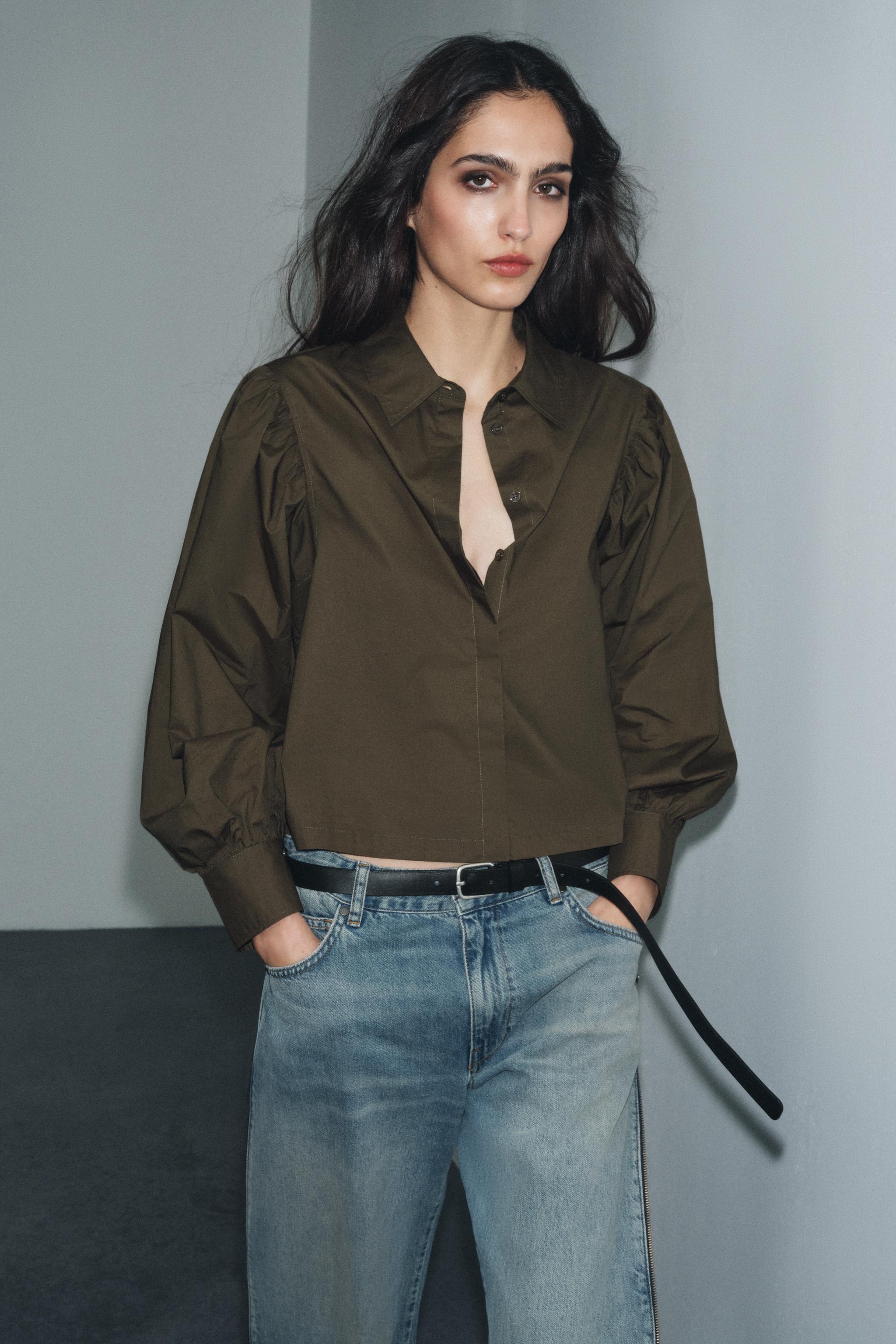 ZW COLLECTION PUFF SLEEVE POPLIN SHIRT - Khaki | ZARA United States