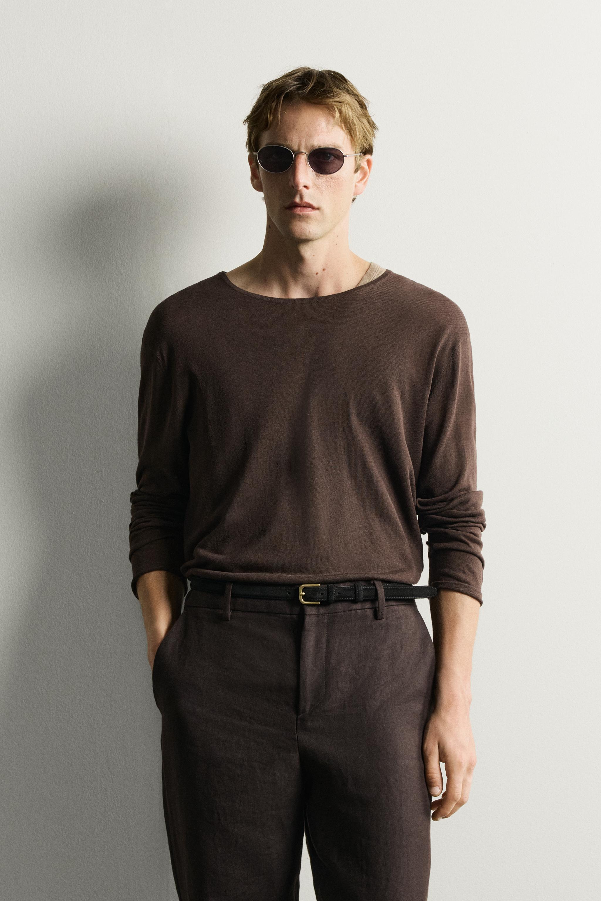 SEMI-SHEER KNIT T-SHIRT — Brown
