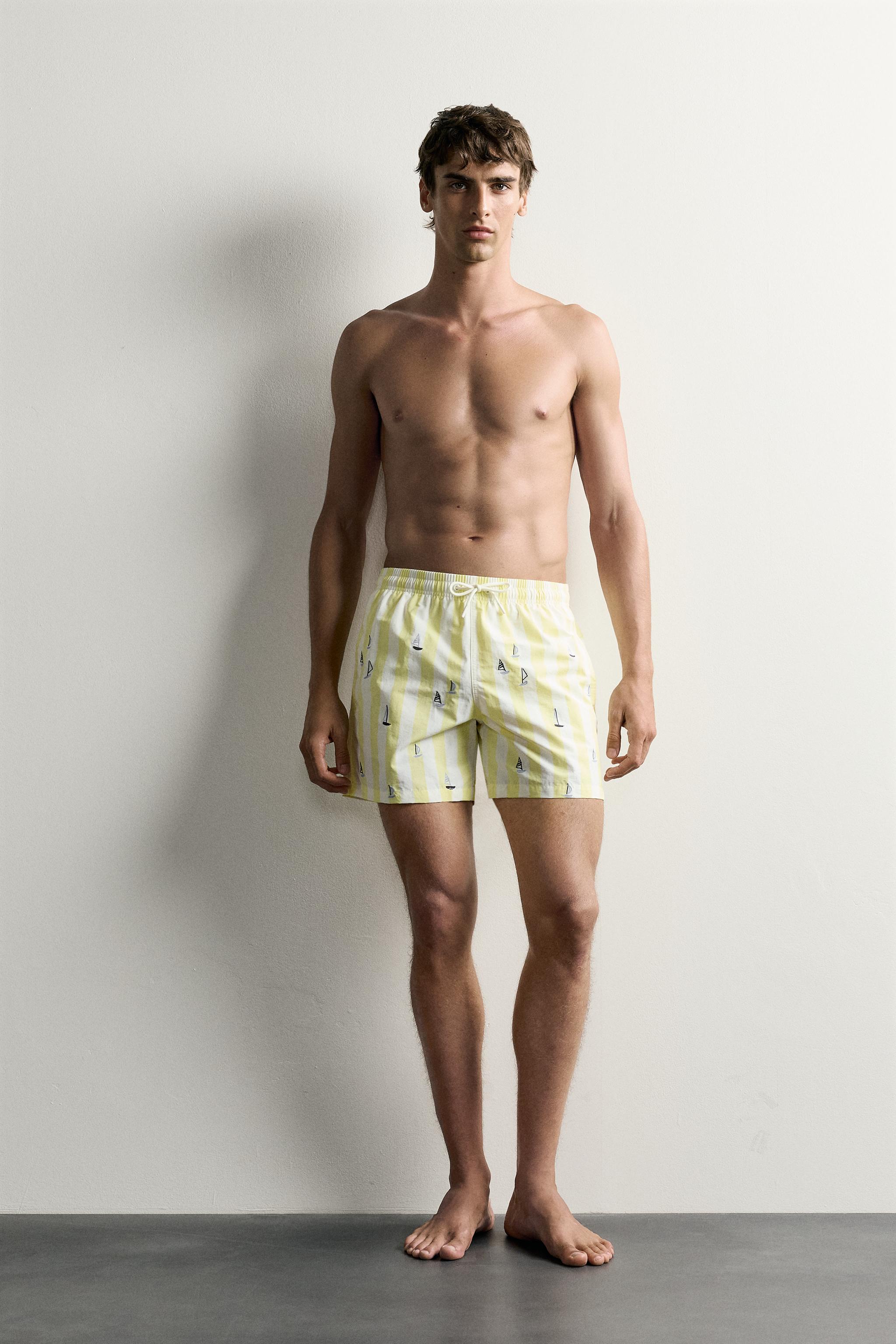 STRIPED MID-LENGTH SWIMSUIT WITH EMBROIDERED BOATS