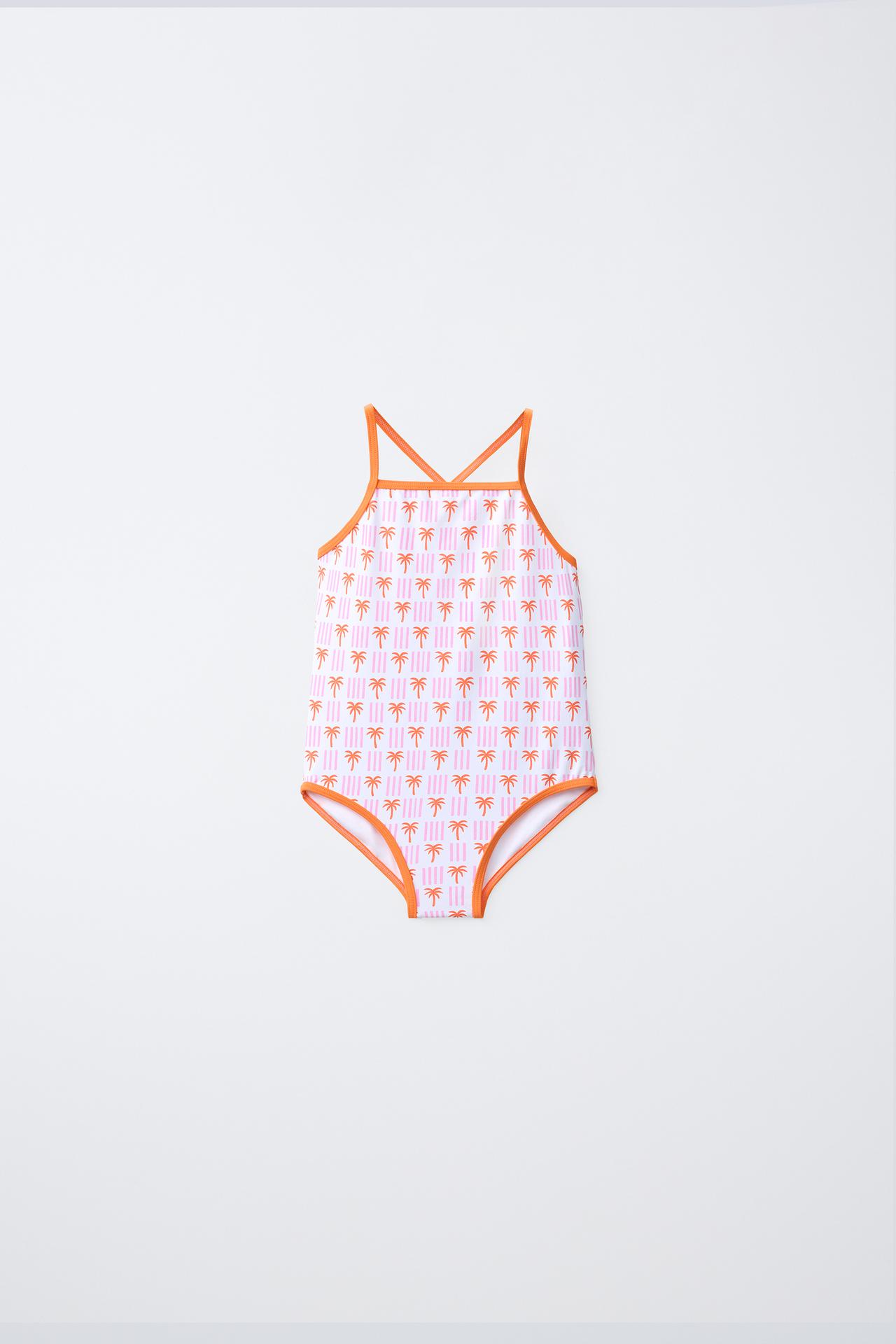1-6 YEARS / PALM TREE PRINT SWIMSUIT — Orange