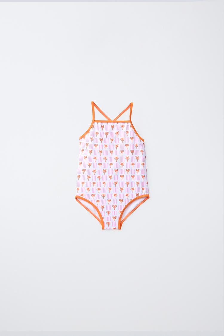 1-6 YEARS / PALM TREE PRINT SWIMSUIT — Orange