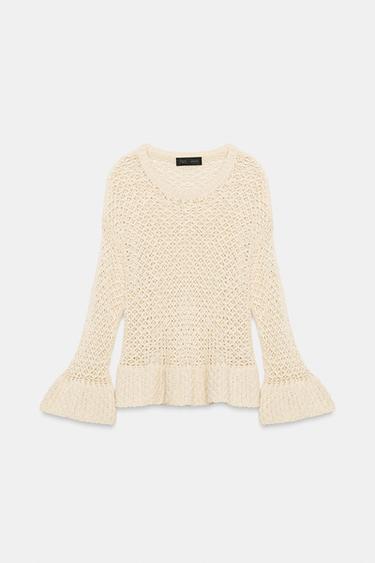 Zara RUFFLED KNIT SWEATER - Ecru