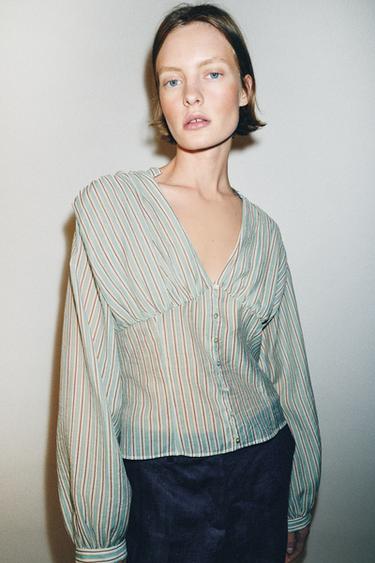 Zara STRIPED WAIST SHIRT - White / Turquoise