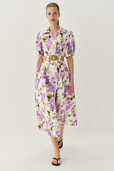 Zara FLORAL PRINT BELTED MIDI DRESS - Multicolored