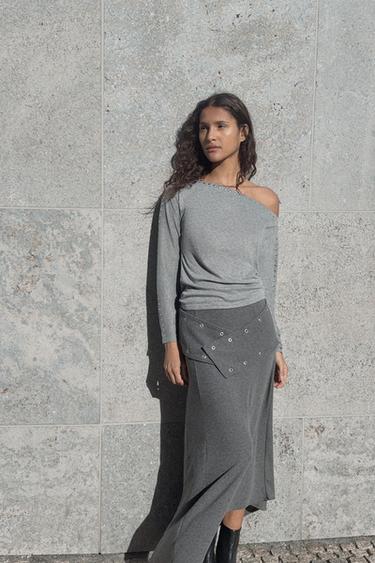 JUPE MI-LONGUE SOUPLE À CLOUS - Gris chiné de Zara