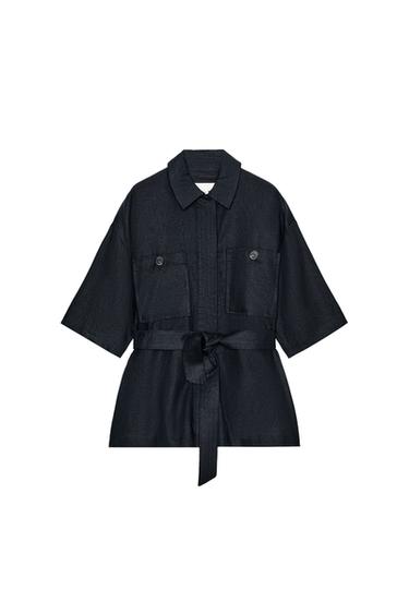 LINEN BLEND SAFARI JACKET WITH BELT - Navy blue by Zara