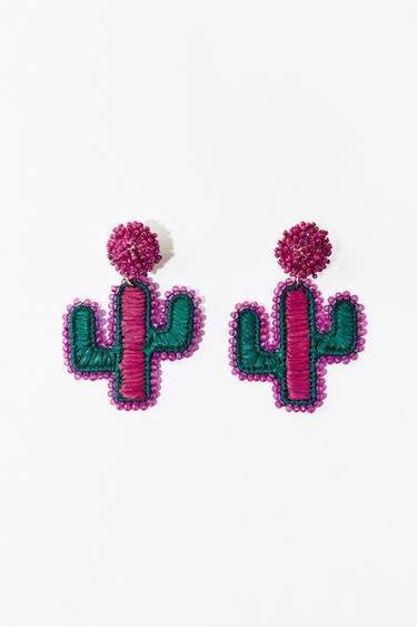 CACTUS RAFFIA RHINESTONE EARRINGS - Pink by Zara