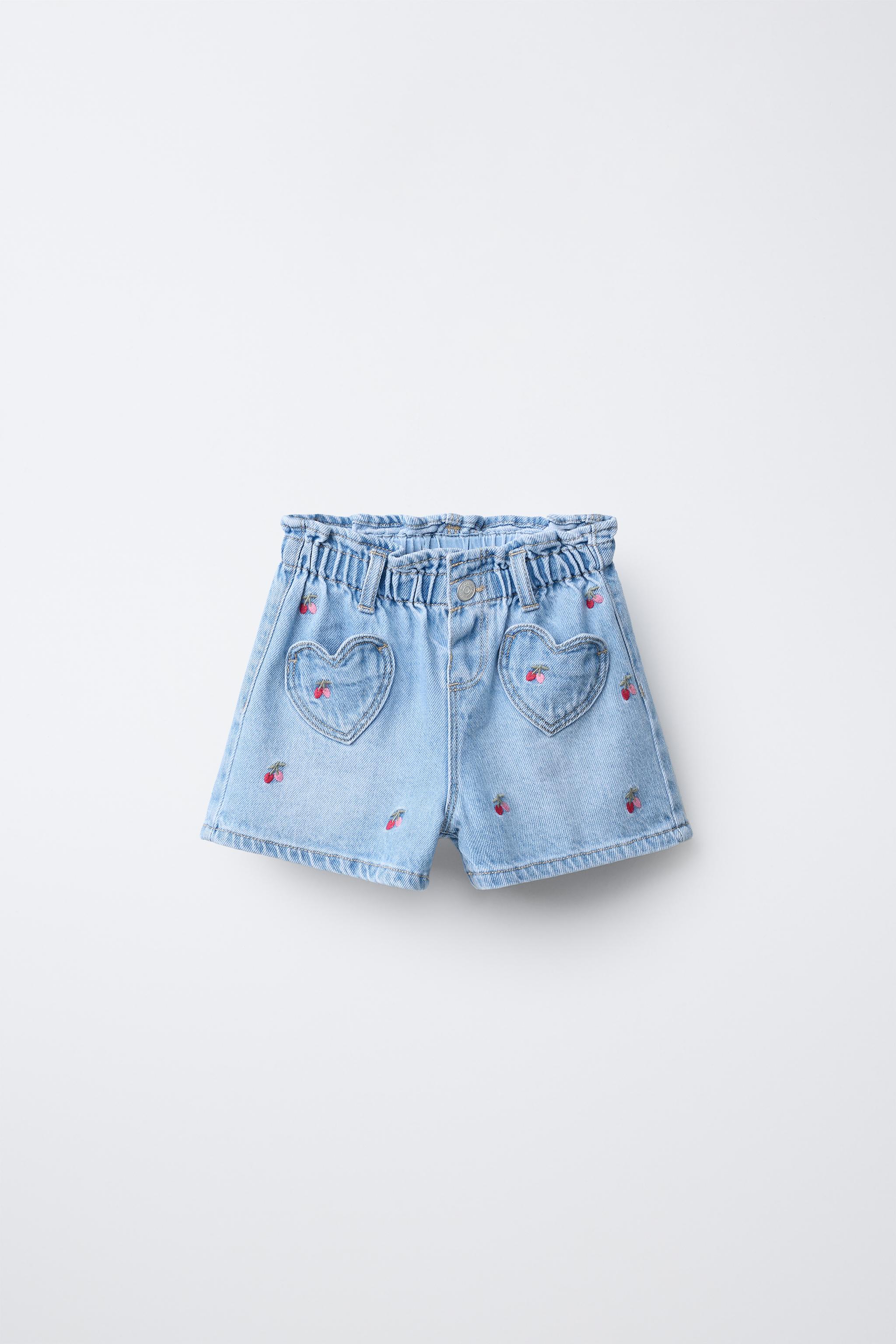 EMBROIDERED CHERRY PAPERBAG DENIM SHORTS - Blue | ZARA United States