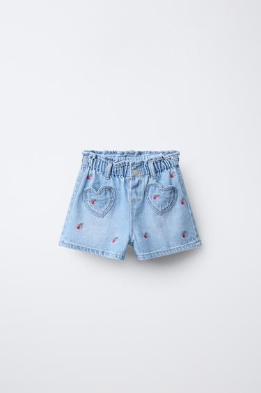 SHORT EN JEAN PAPERBAG CERISES BRODÉES - Bleu de Zara - Image 0