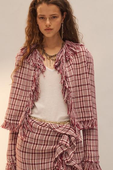 Zara LIMITED EDITION FRINGED TEXTURED JACKET - Dark pink