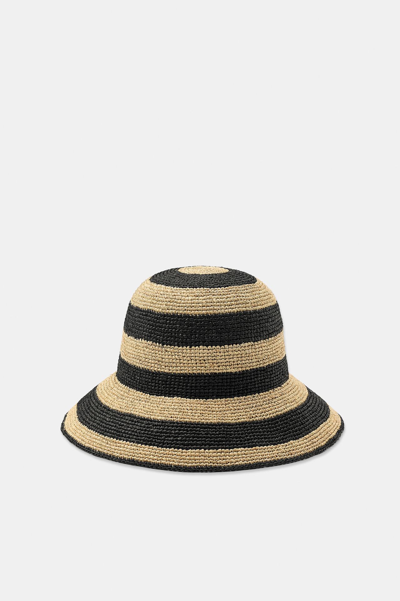 100% RAFFIA STRIPED HAT — Black / White