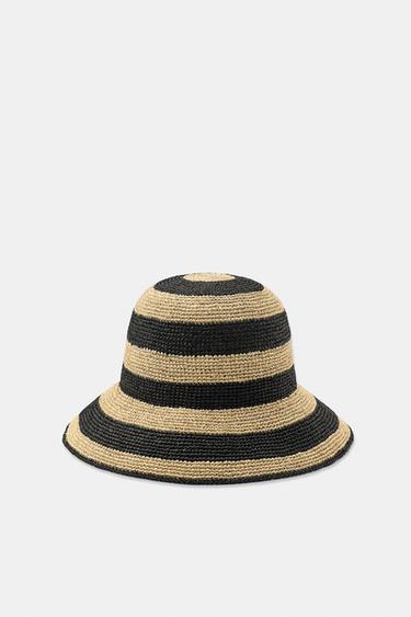 BONNET À RAYURES EN RAFIA 100% - Noir / Blanc de Zara