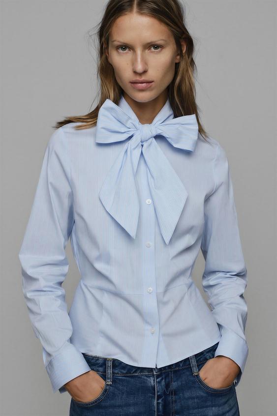 STRIPED SHIRT WITH TIED DETAIL - Blue/White by Zara - Image 1