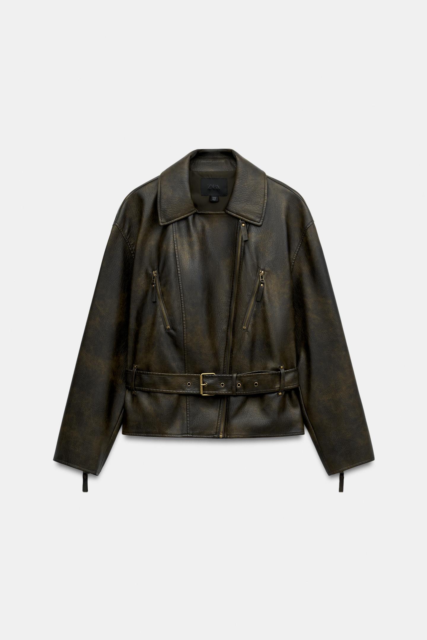 Женская куртка Zara Belted Faux Leather, цвет: Тёмный хаки — фото 7