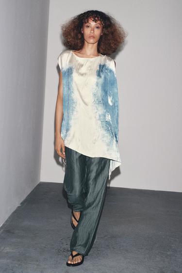 Zara LINEN PANTS WITH CONTRAST STITCHING - Green / Blue