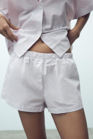 Zara STRIPED PAJAMA SHORTS - White / Turquoise