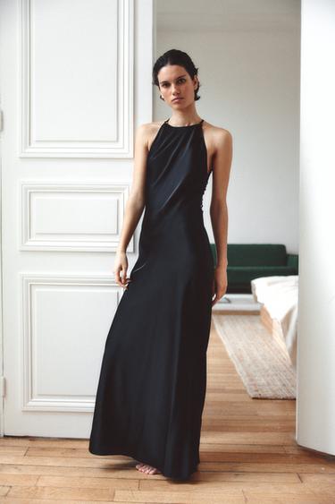 ROBE HALTER SATINÉE DOS BRODÉ - Noir de Zara - Image 1