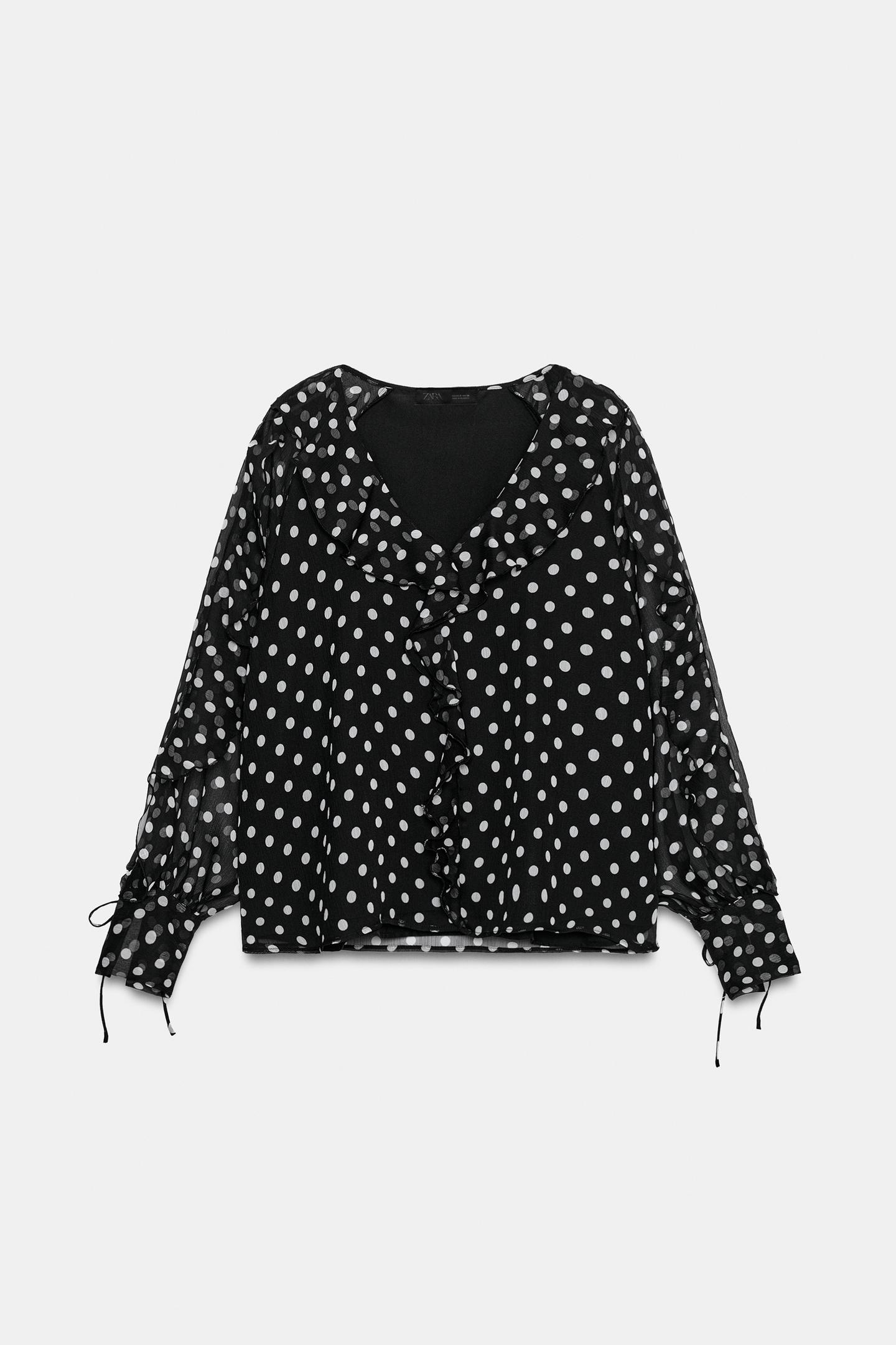 Женская блузка Zara Polka Dot Ruffle Blouse, цвет: Чёрный / Экрю — фото 6