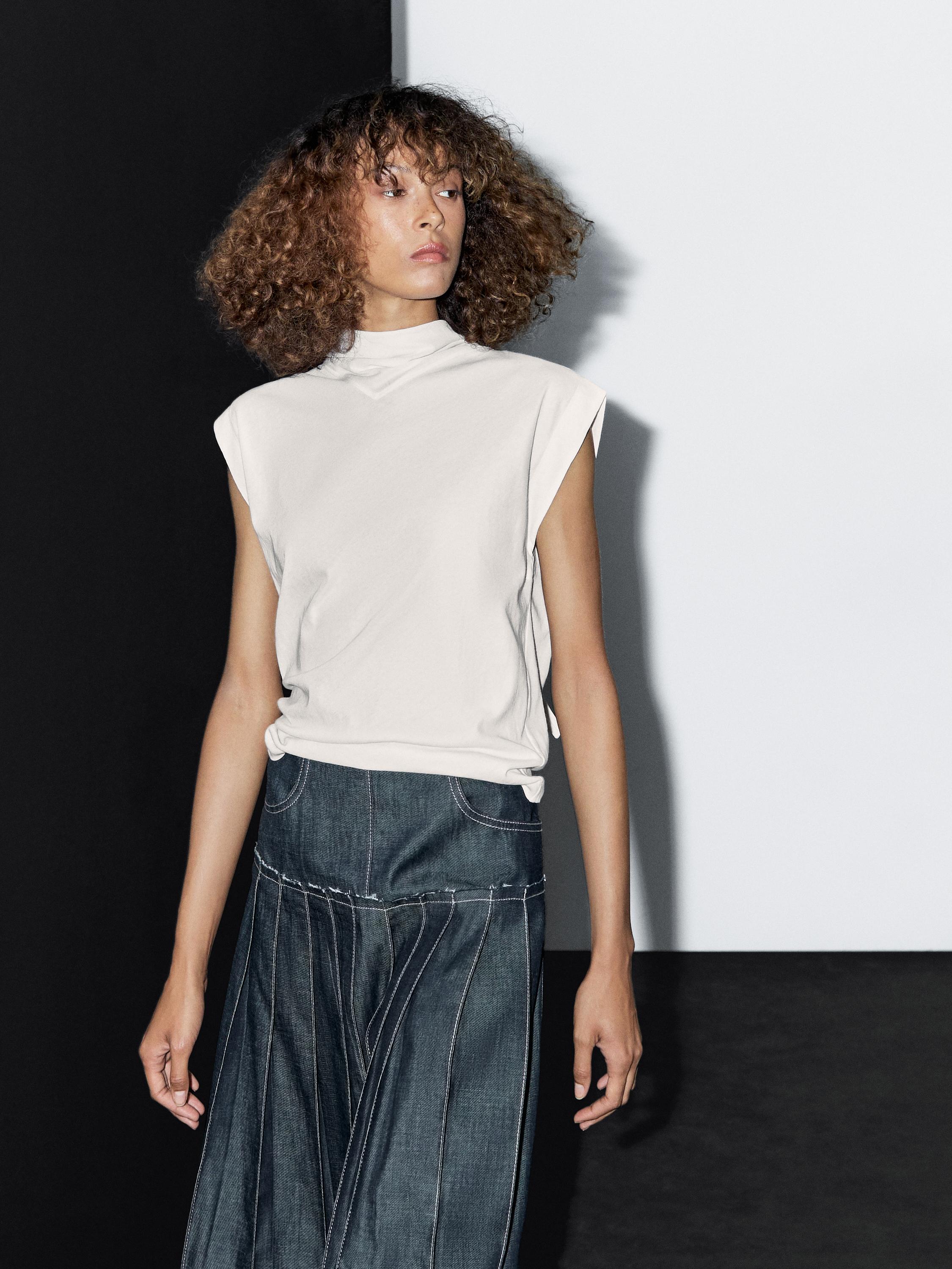 Denim midi skirt with box pleats