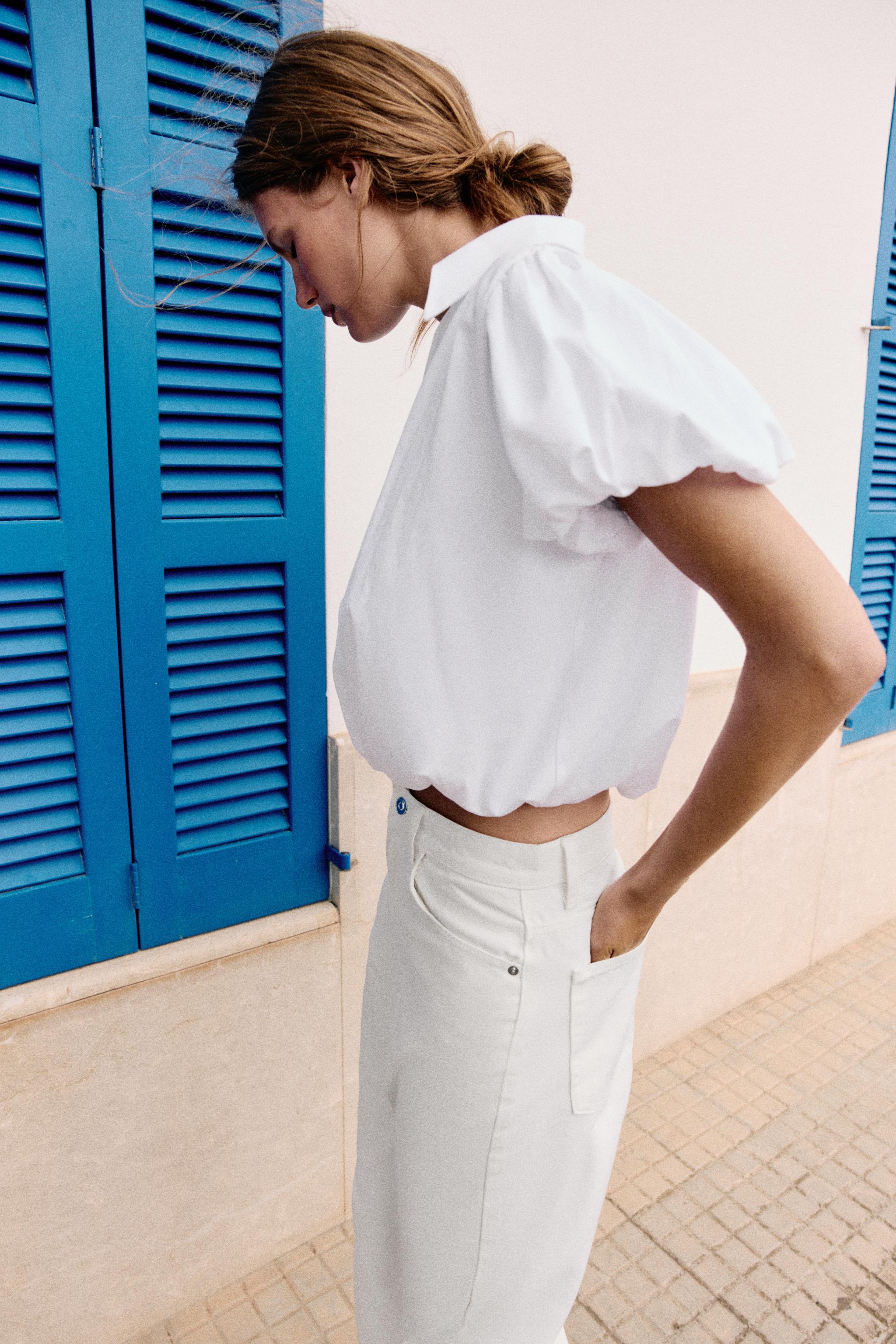 Женские рубашки Zara SHORT SLEEVE BALLOON SHIRT — фото 6