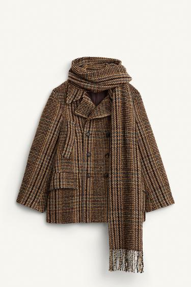 Zara LIMITED EDITION PLAID SHORT COAT WITH SCARF - Brown