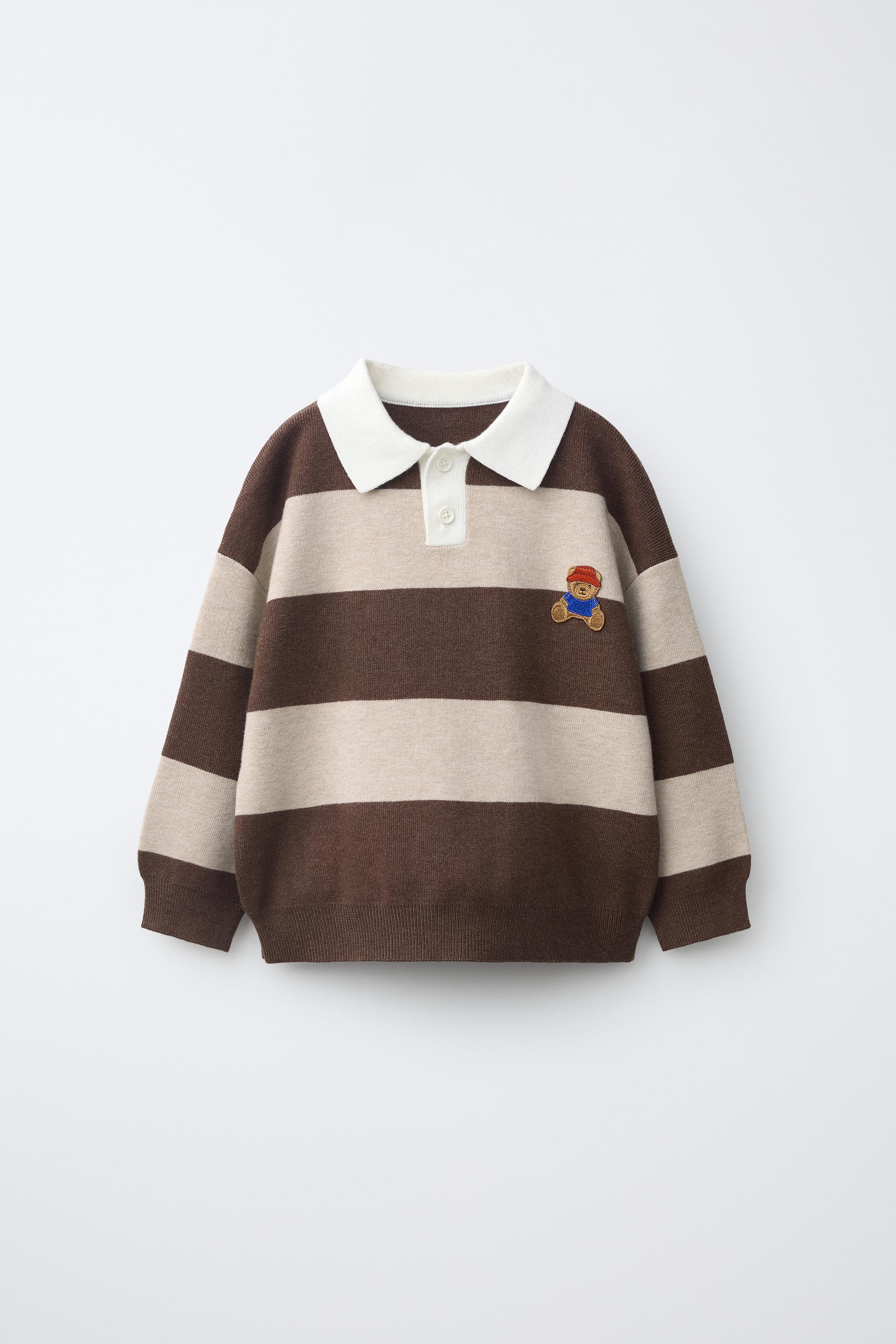 Striped Knit Bear Patch Polo Shirt