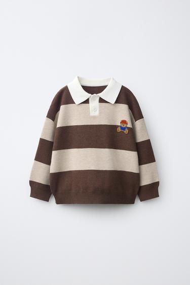 STRIPED KNIT BEAR PATCH POLO SHIRT - Ecru / Brown by Zara