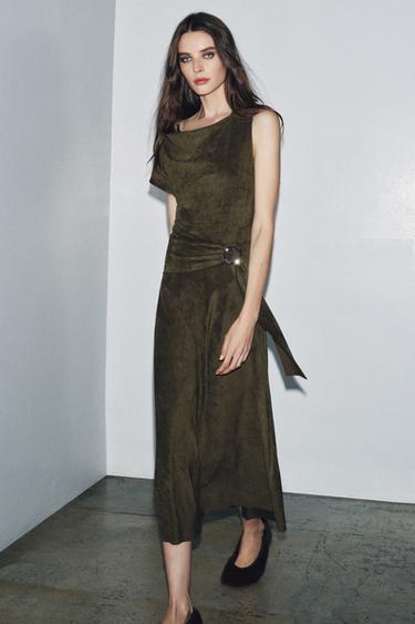 FAUX SUEDE ASYMMETRIC DRESS - Khaki by Zara - Image 1