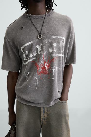 Zara WASHED PRINT KNIT T-SHIRT - Anthracite Gray