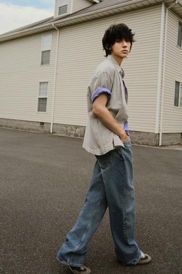 Zara 格紋標語休閒襯衫 - 藍色