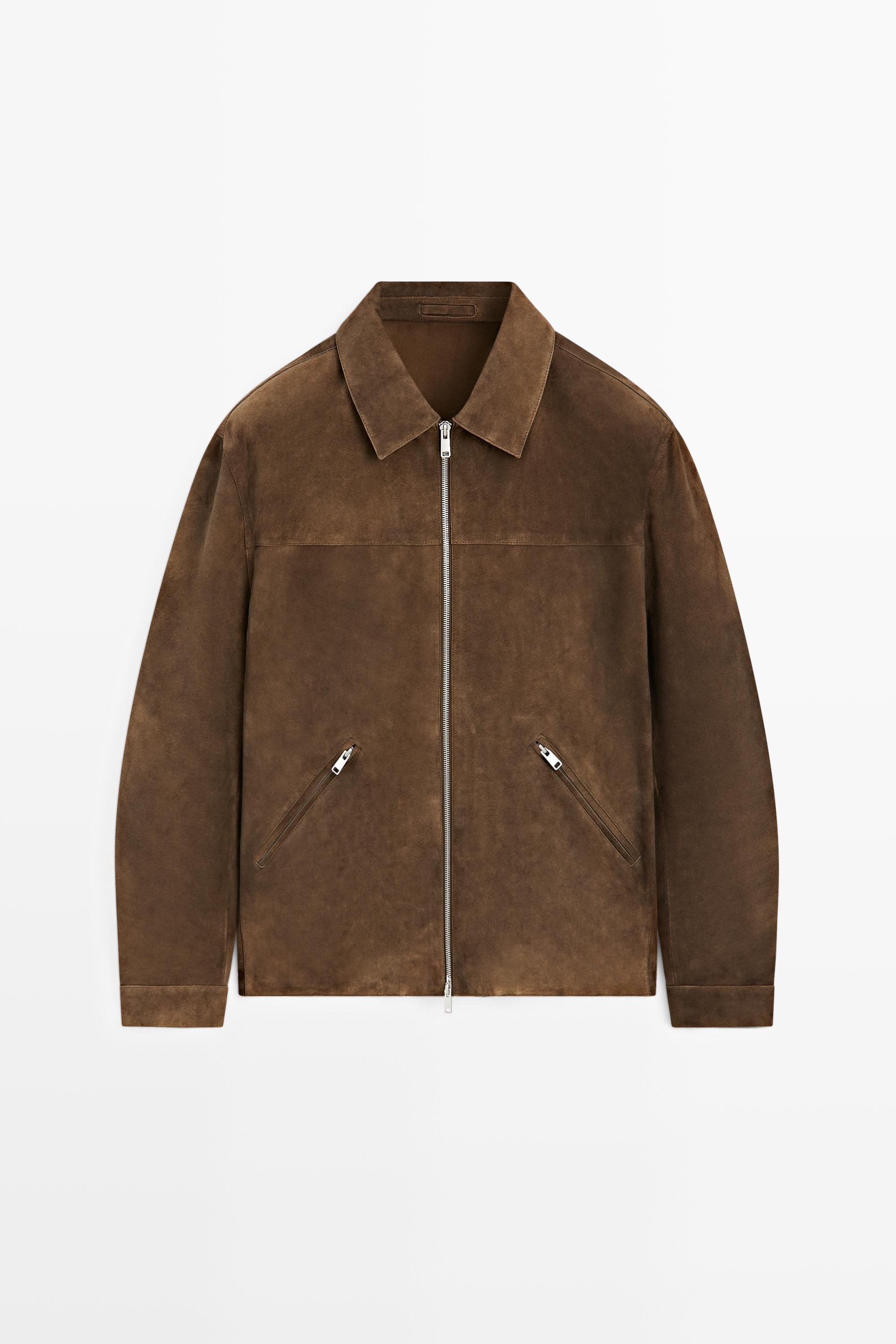 Suede leather zip-up jacket — Brown marl