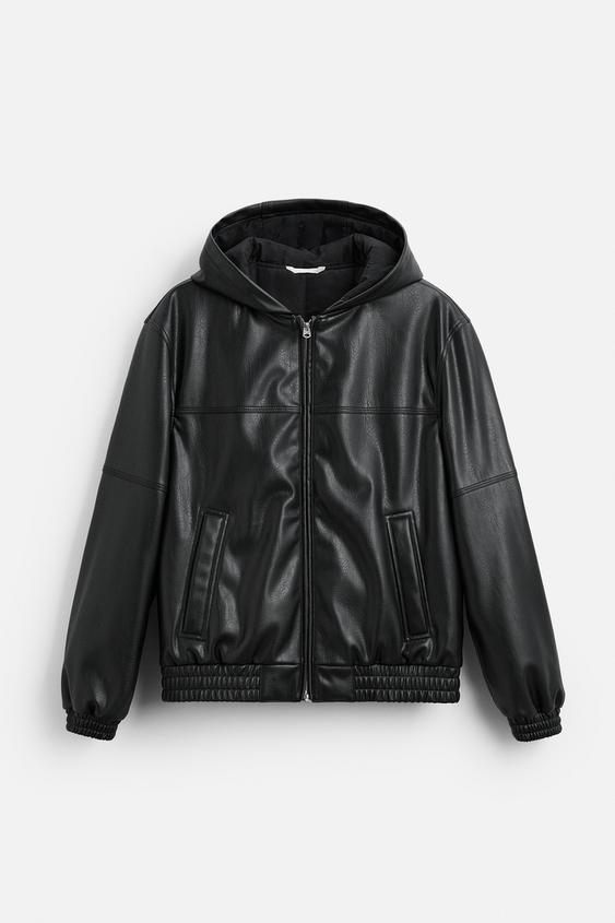 フェイクレザー フード付きジャケット - ブラック | ZARA Japan / 日本