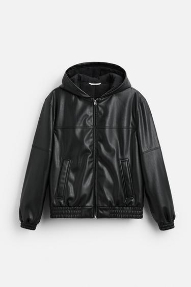 Zara 人造皮連帽夾克 - 黑色 - 圖片 0