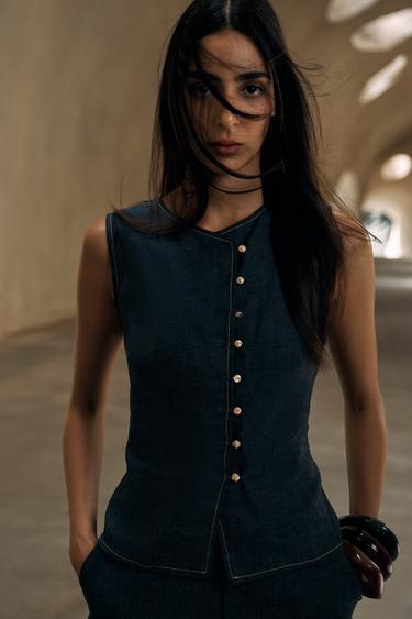 DOUBLE-BREASTED LINEN WAISTCOAT - Indigo by Zara