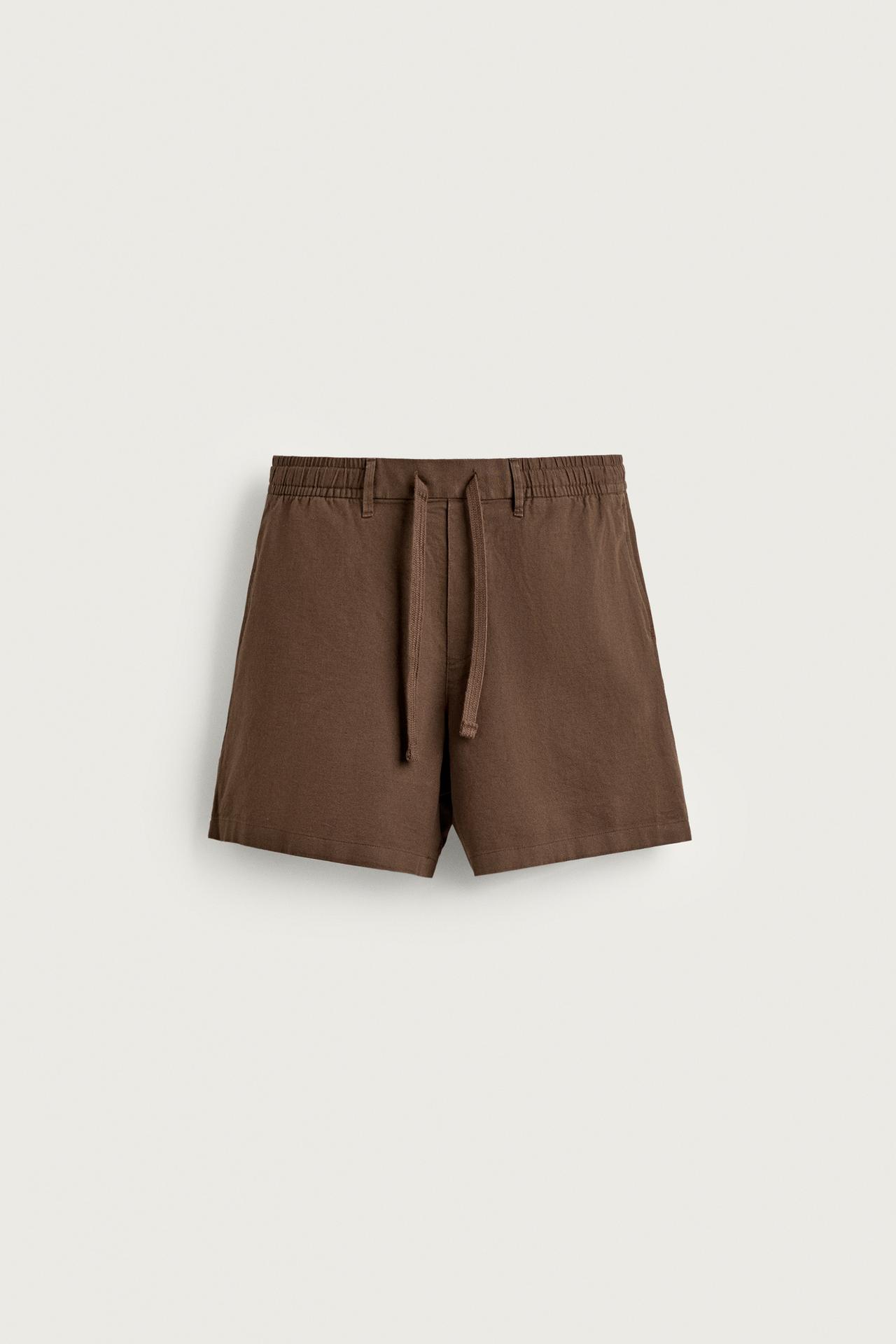 COTTON-LINEN RELAXED FIT SHORTS — Brown