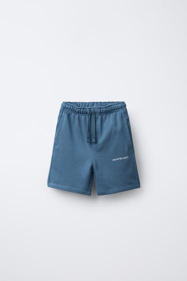 Zara STRAIGHT FIT EMBOSSED TEXT TERRY SHORTS - Blue