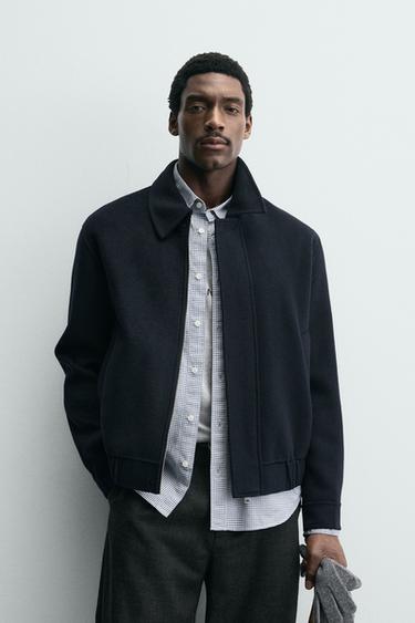 Zara WOOL BLEND CROPPED FIT OVERSHIRT - Navy blue