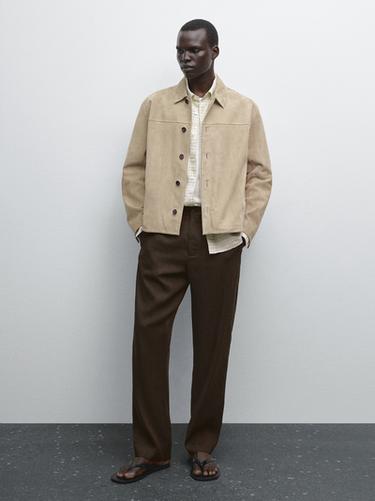 Zara Short suede leather jacket - Light khaki - Image 0