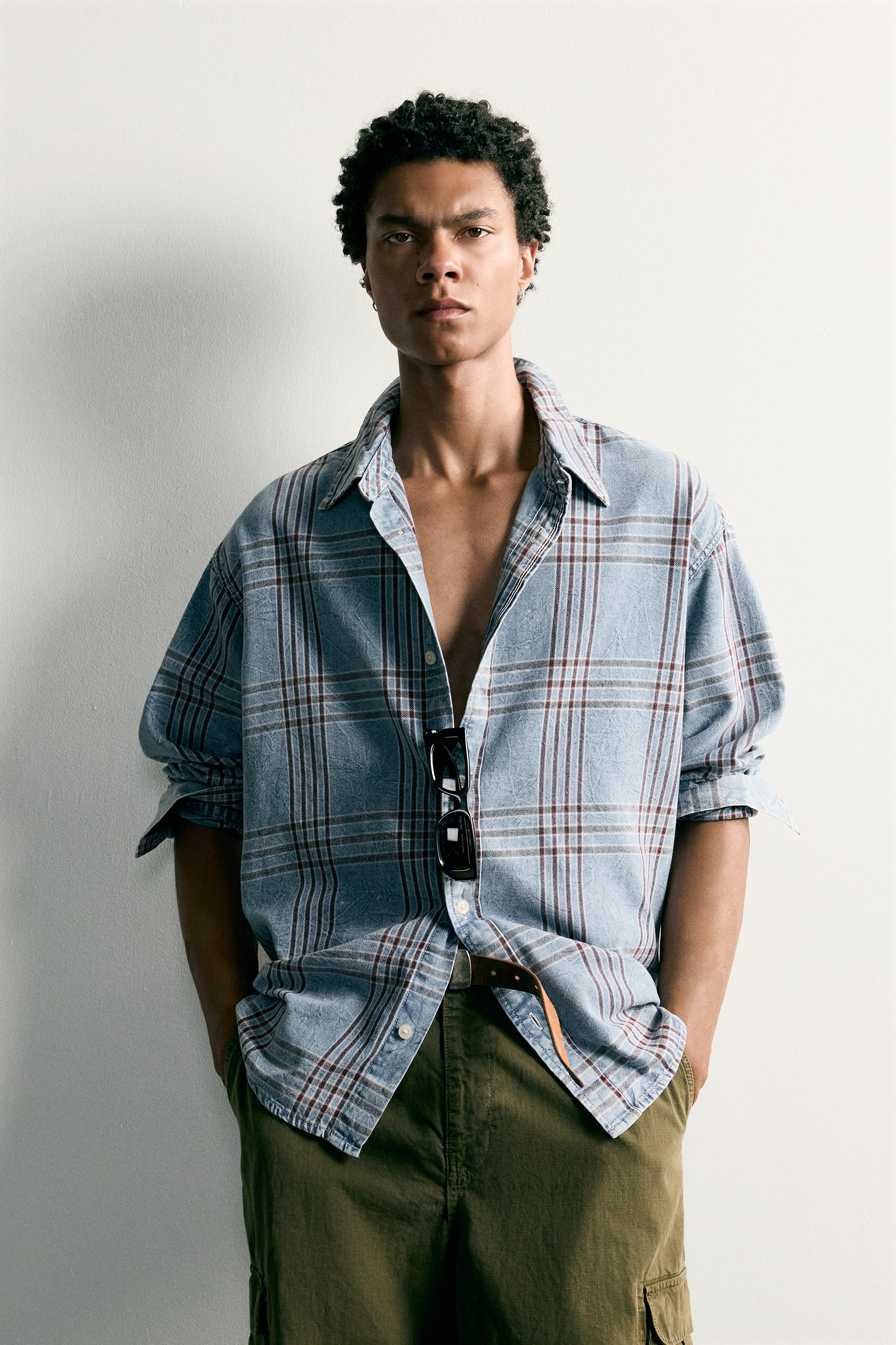 【L】Checkered Denim Shirt PLAID RELAXED-FIT DENIM SHIRT - Light blue | ZARA Canada