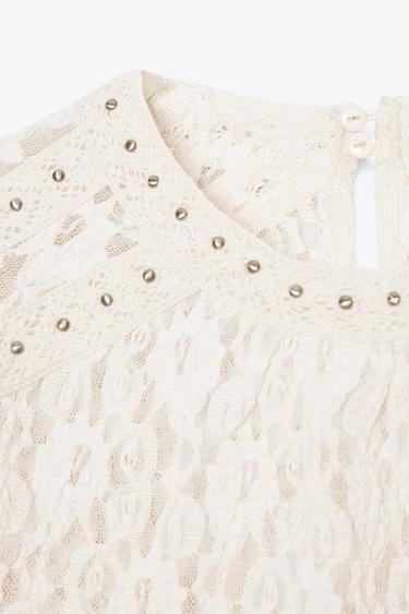 STUDDED LACE TOP - Ecru by Zara - Image 9