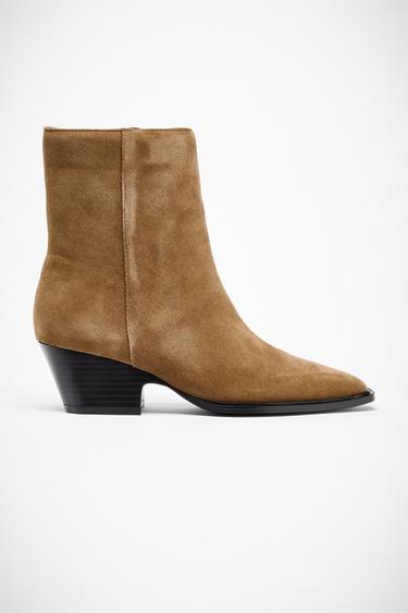 حذاء للكاحل بكعب من الجلد المقلوب - SAND/BROWN الخاص بـ Zara