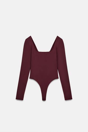 POLYAMIDE SQUARE-NECK BODYSUIT — Wine 1