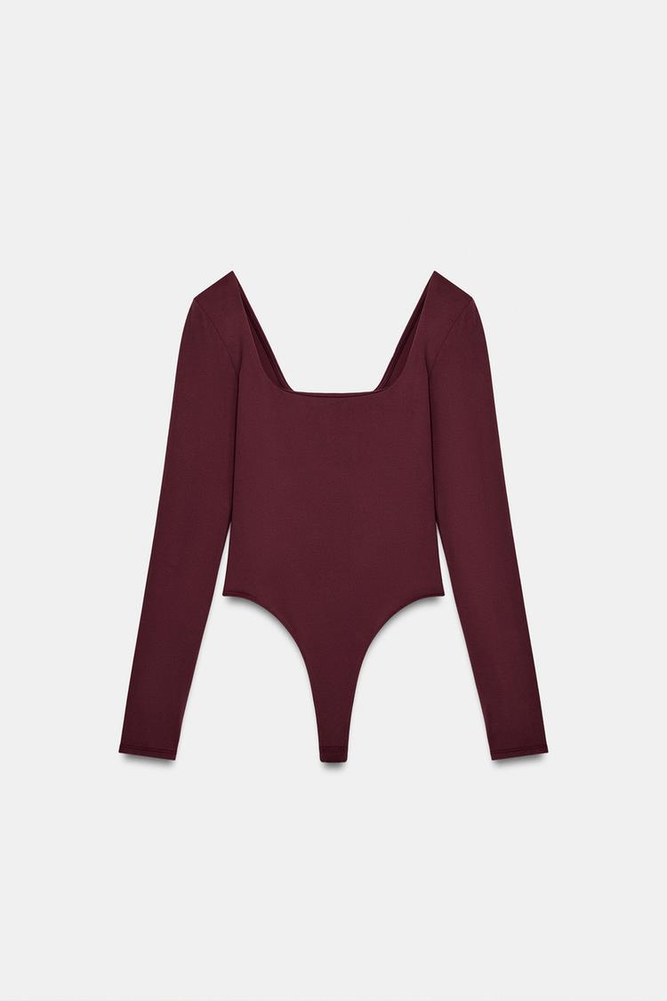 POLYAMIDE SQUARE-NECK BODYSUIT — Wine