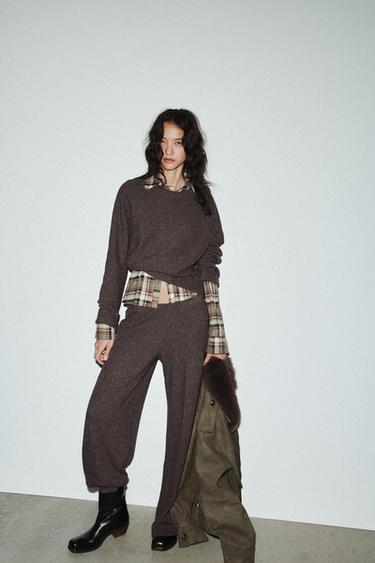 Zara SOFT WIDE LEG PANTS - Brown marl