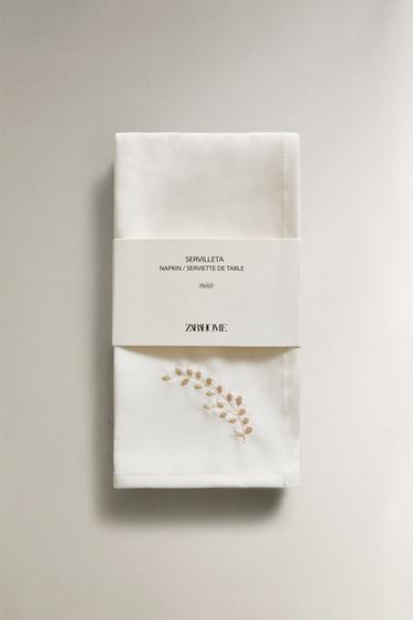 PLANT EMBROIDERY SATEEN NAPKIN (PACK OF 2) - Ecru by Zara - Image 4