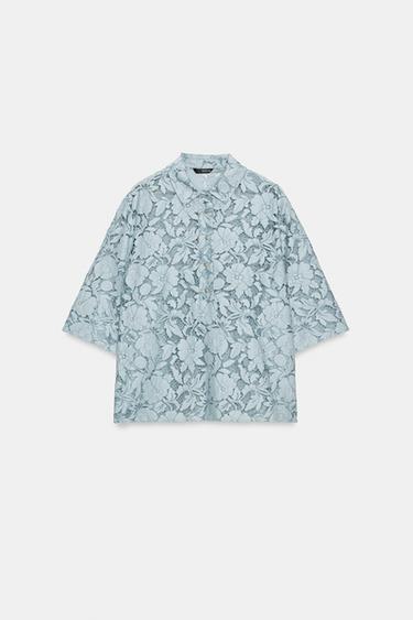 Zara LACE SHORT SLEEVE SHIRT - Sky blue