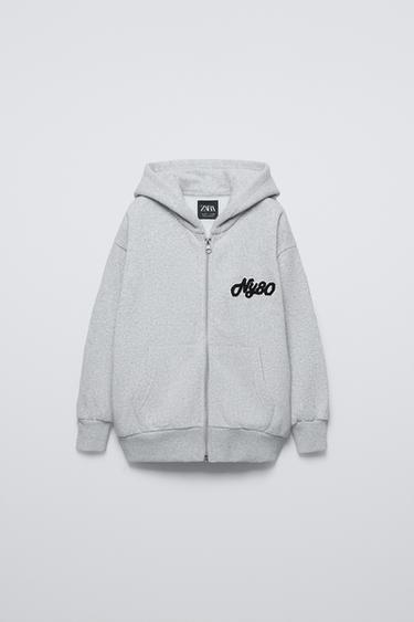 Zara RUFFLED EMBROIDERED HOODED SWEATSHIRT - Gray marl