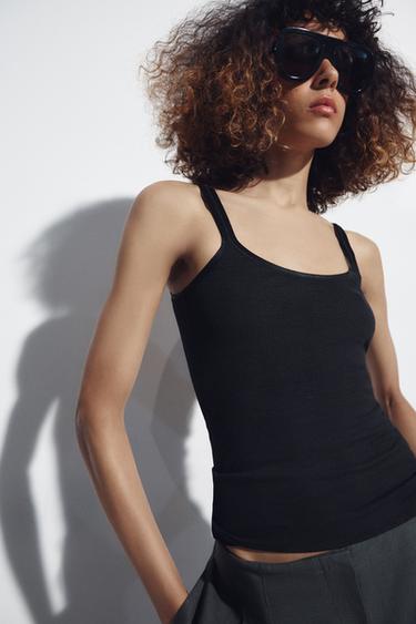 Zara RIBBED TANK TOP - Black