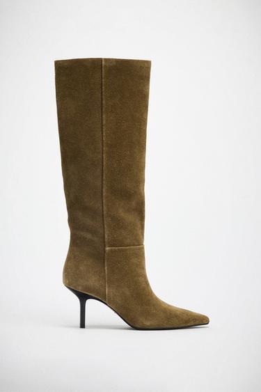 SPLIT SUEDE STILETTO HEEL BOOTS - Olive Green by Zara